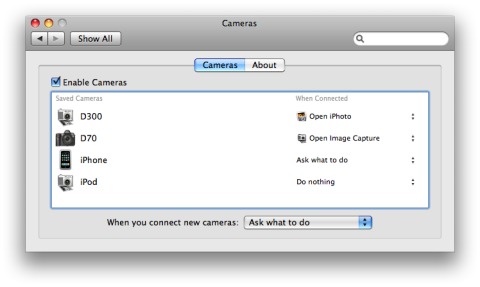 Cameras preference pane screenshot