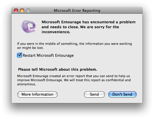 Entourage crash dialog
