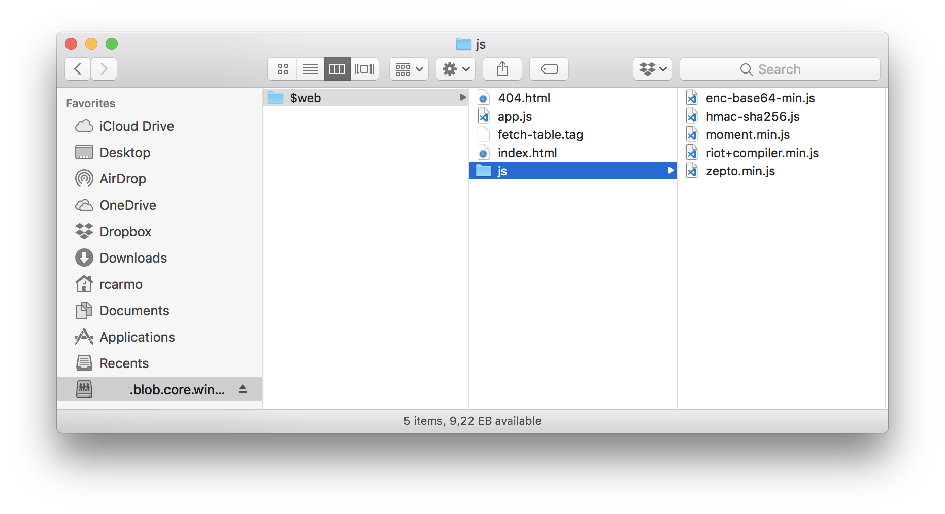 Finder window with storage account mounted locally and JavaScript files
