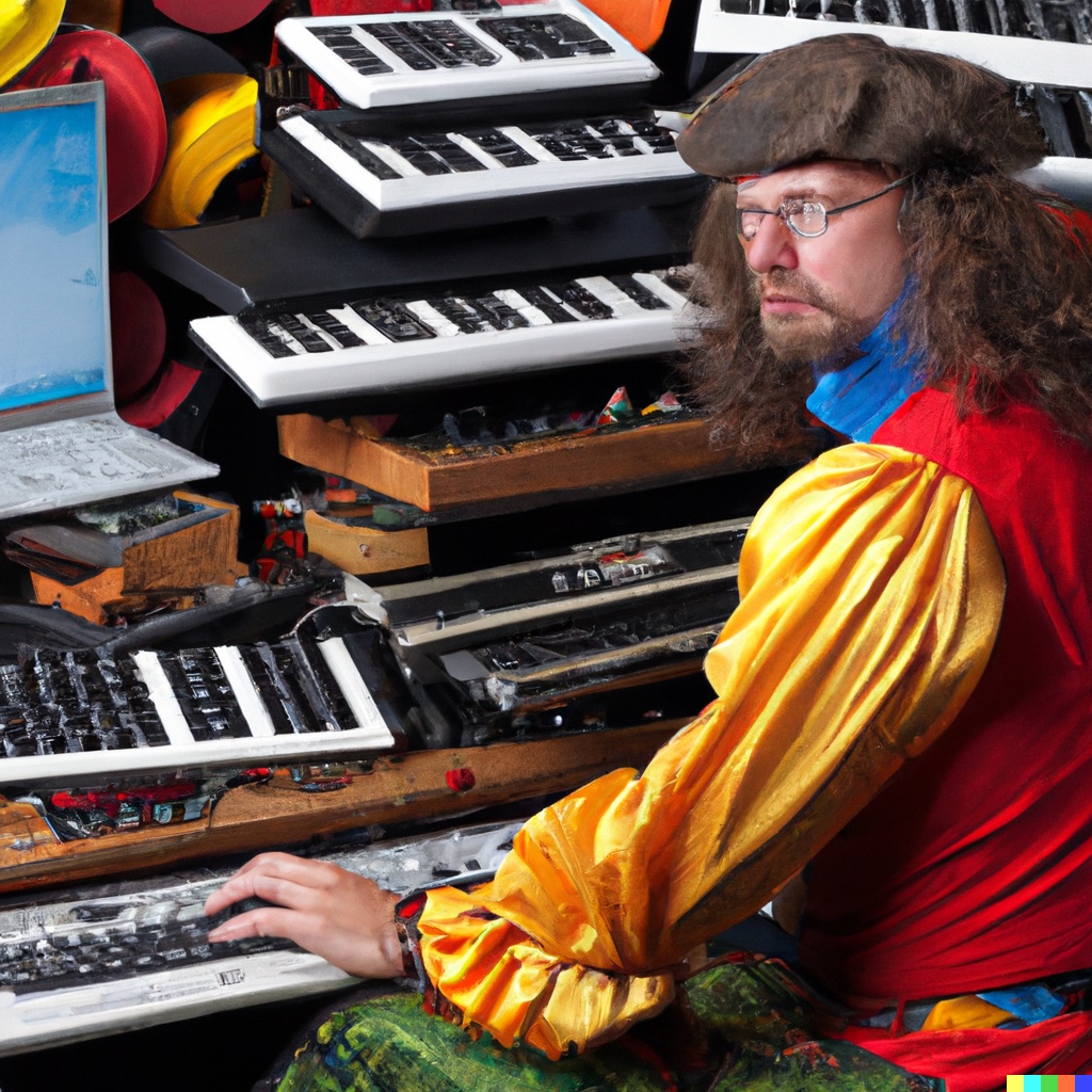 A colorful Renaissance portrait of an engineer surrounded by dozens of keyboards of various kinds