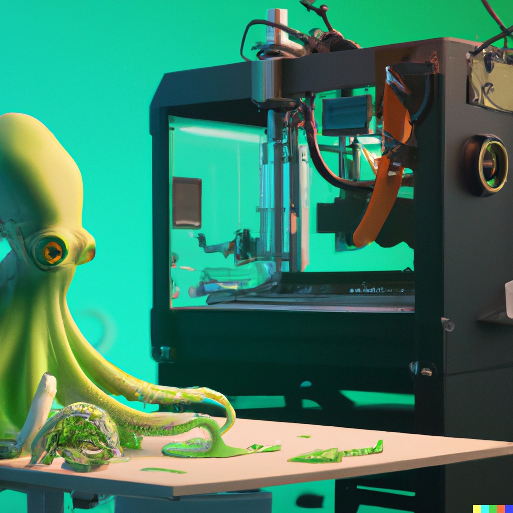 a green octopus engineer looking at a 3d printer, digital art