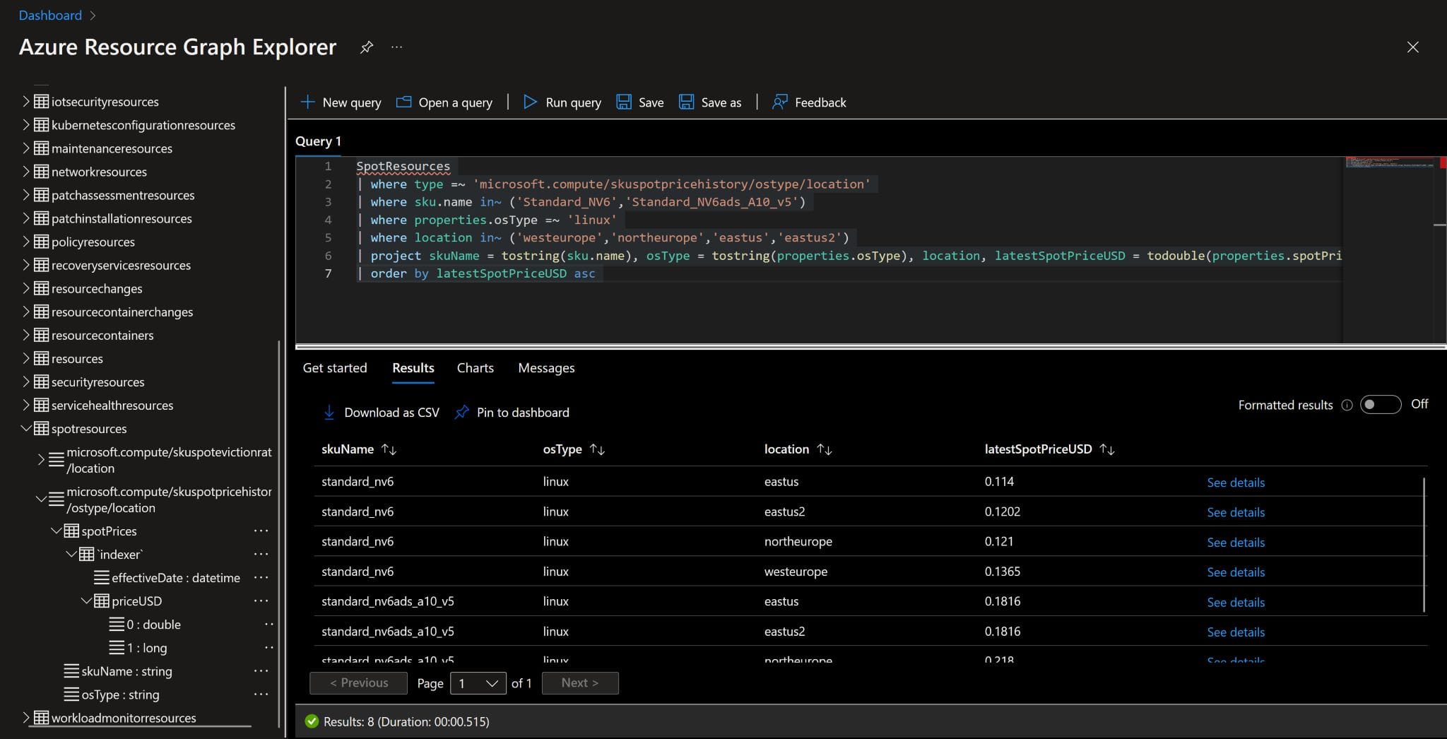 The Azure Graph Explorer, being queried for spot pricing