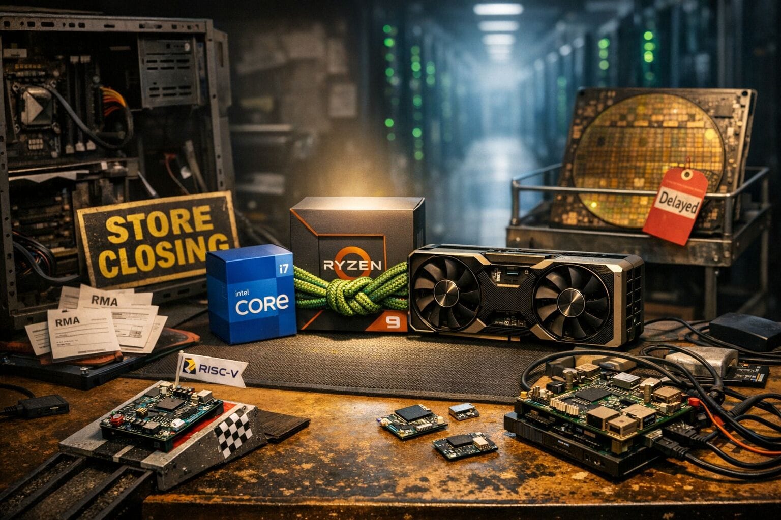 A high‑resolution editorial still‑life photograph shot on a Canon D50. Scene: a dim, half‑closed custom PC shop workbench with an anti‑static mat and scattered tools. Center: a pristine AMD Ryzen box under a warm spotlight. Beside it, center frame, an Intel CPU box and a massive NVIDIA GPU linked by braided green PCIe cables tied in a neat knot, like a handshake. A half‑built PC case slumps open next to a dusty 'Store Closing' placard and unclaimed RMA slips. In the background, a cool, hazy corridor of datacenter racks stretches to vanishing point, GPUs glowing green; on a cart, a giant wafer‑scale board with a 'Delayed' tag sits unused. Foreground: a tiny RISC‑V dev board on a makeshift launch ramp with a checkered‑flag sticker and a little flag reading 'RISC-V', pointed ahead of a bulkier ARM SBC tangled in cables. Scattered SBCs and adapters suggest fragmentation. Soft practical lighting, shallow depth of field, crisp textures; no people.