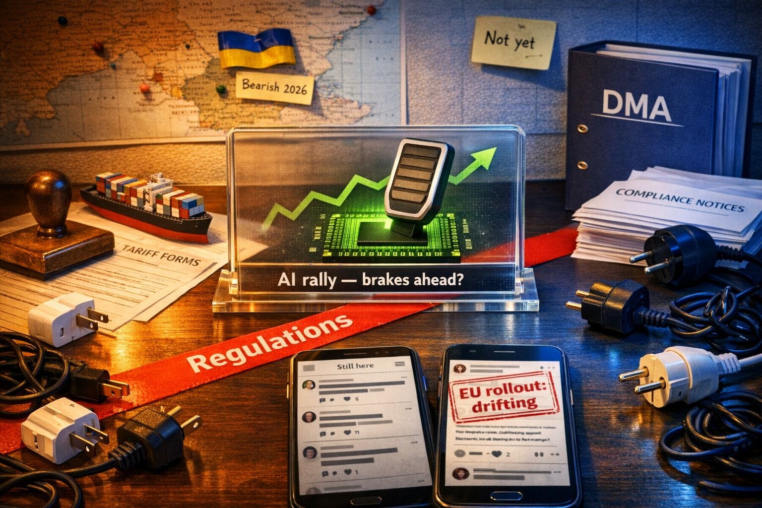 A high‑resolution editorial photograph shot on a Canon D50. Scene: a diplomatic policy desk split diagonally by a band of red tape labeled 'Regulations.' Left side (US trade): a miniature container ship perched on tariff forms beside a heavy rubber stamp; warm tungsten light. Right side (EU oversight): a navy binder titled 'DMA,' a stack of compliance notices, and a phone showing 'Feature unavailable in your region'; cool blue light. Center: a clear acrylic stock‑ticker slab with a rising line that ends at a large brake pedal icon hovering over a green GPU‑chip silhouette — caption strip: 'AI rally — brakes ahead?' Background: a wall map with pins and notes — a blue‑yellow ribbon at Ukraine tagged 'Bearish 2026,' and a small sticky over Taiwan reading 'Not yet.' Foreground: two smartphones side by side — one displays a minimalist microblog timeline with a banner 'Still here,' the other a thread‑style feed card stamped 'EU rollout: drifting.' Scattered EU Schuko and US dual-prong adapters and knotted cables imply friction. Mixed cool–warm lighting, shallow depth of field, crisp textures; documentary composition; no people, no logos