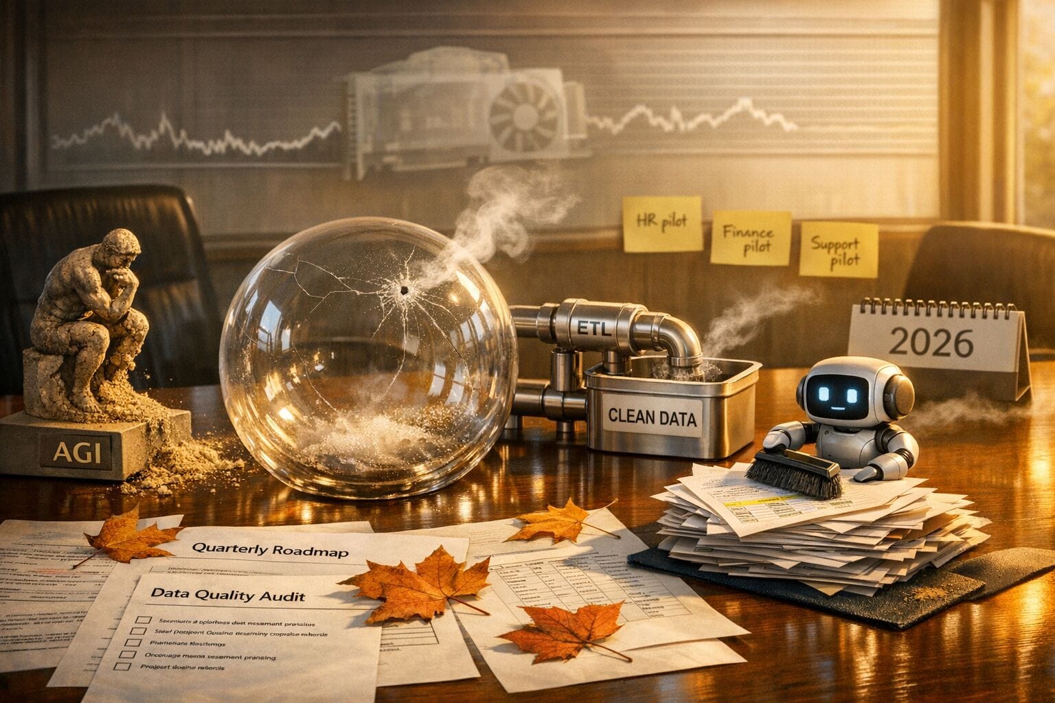 A high‑resolution editorial still‑life photograph shot on a Canon D50. Scene: a corporate conference table under late‑afternoon autumn light; a few dry maple leaves scattered across printed 'Quarterly Roadmap' and 'Data Quality Audit' checklists. Center: a huge, clear glass bubble with a tiny pinhole, gently collapsing — a slow wisp of vapor trails off toward a discreet '2026' desk calendar. Beside it: a stainless 'ETL' pipeline model feeding into a labeled bin 'Clean Data,' while a small toy robot holds a microfiber brush poised over a stack of messy CSV printouts (headers highlighted), implying agentic tools turned into data hygiene. An analog 'Compute Cost' gauge needle drifts downward; sticky notes read 'HR pilot,' 'Finance pilot,' 'Support pilot,' suggesting enterprise ubiquity. Background: an acrylic stock‑ticker strip rising then flattening beneath a translucent brake icon over a generic GPU silhouette. On a small plinth labeled 'Next,' nothing sits — an empty pedestal. Warm‑cool mixed practical lighting, shallow depth of field, crisp textures; quiet, no people, no logos; more sigh than bang.