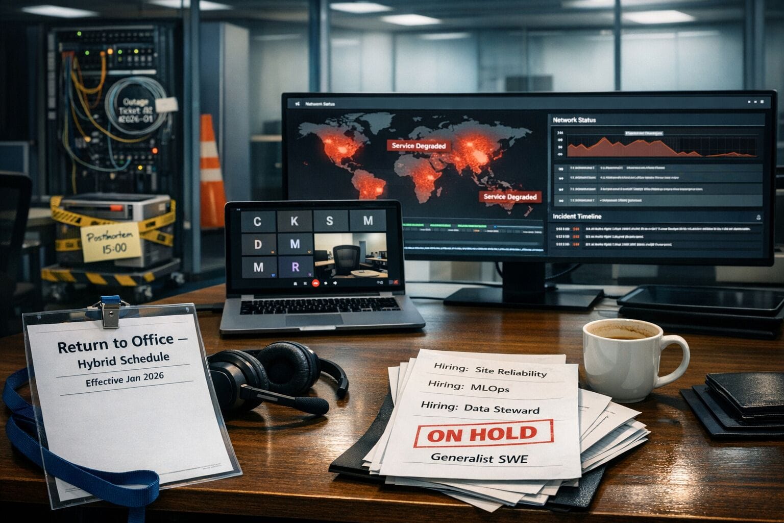 A high‑resolution editorial photograph shot on a Canon D50. Scene: after‑hours corporate IT floor; rows of empty hot desks under cool fluorescent spill. Foreground desk: a printed 'Return to Office — Hybrid Schedule, Effective Jan 2026' memo clipped to a badge lanyard; a noise‑canceling headset; a half‑finished coffee; a stack of job postings reading 'Hiring: Site Reliability, MLOps, Data Steward,' with a rubber‑stamped 'On Hold' page for 'Generalist SWE.' Mid‑desk: an open laptop showing a video‑call grid of muted initials and a lone self‑view tile of an empty chair; a second ultrawide monitor with a network status dashboard, world map dotted with huge red 'Service Degraded' regions and a scrolling incident timeline. Background: through a glass wall, a small server closet with a patch panel—several fiber jumpers dangling, a coil labeled 'Outage Ticket #2026‑01,' an orange maintenance cone. On a cart, a compact delivery robot wrapped with yellow caution tape and a sticky note 'Postmortem 15:00.' Mixed cool‑warm practical lighting, shallow depth of field, crisp textures; clean, documentary composition; no people, no logos.