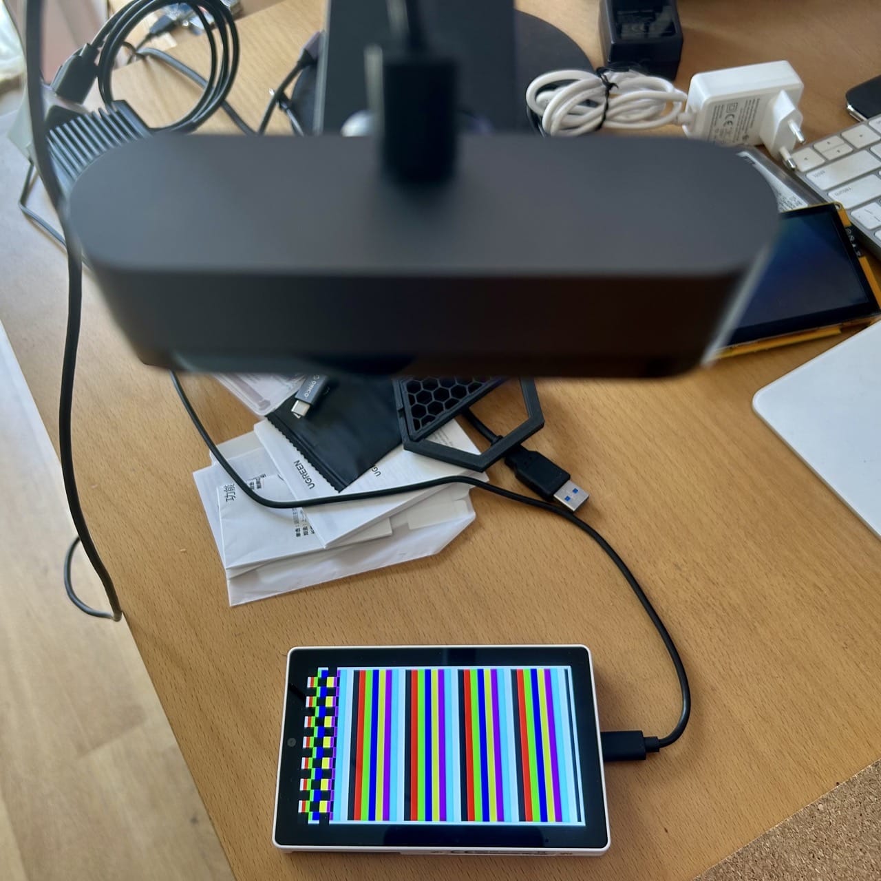 The M5Stack Tab 5, the highest-end ESP32 device I have, showing a test pattern
