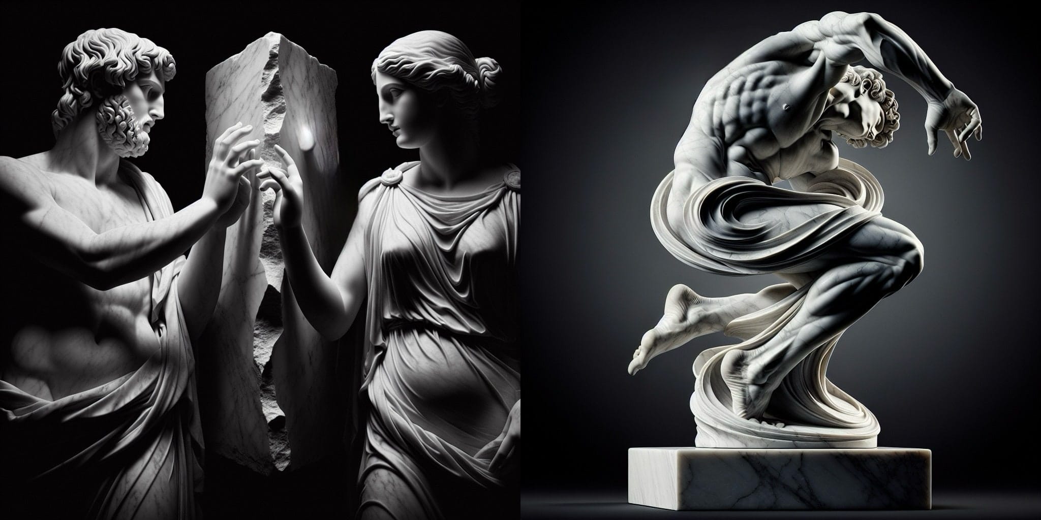 Classical marble statues in minimalist settings with dramatic lighting