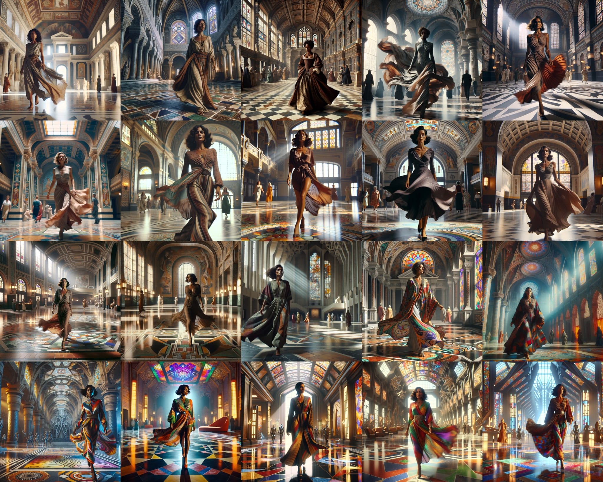 A montage of hallway scenes with flowing robed figures