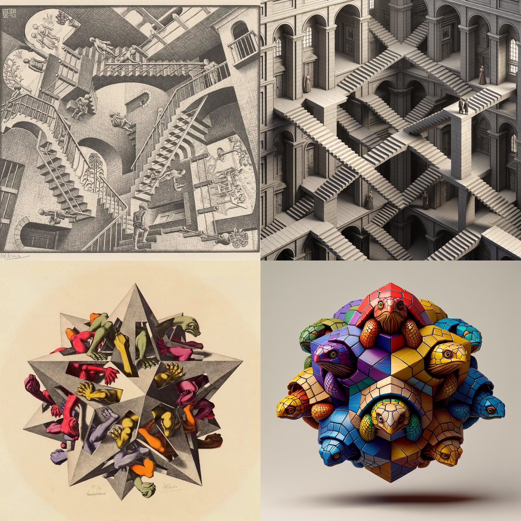 AI-generated images showing Escher-inspired impossible geometry and perspectives
