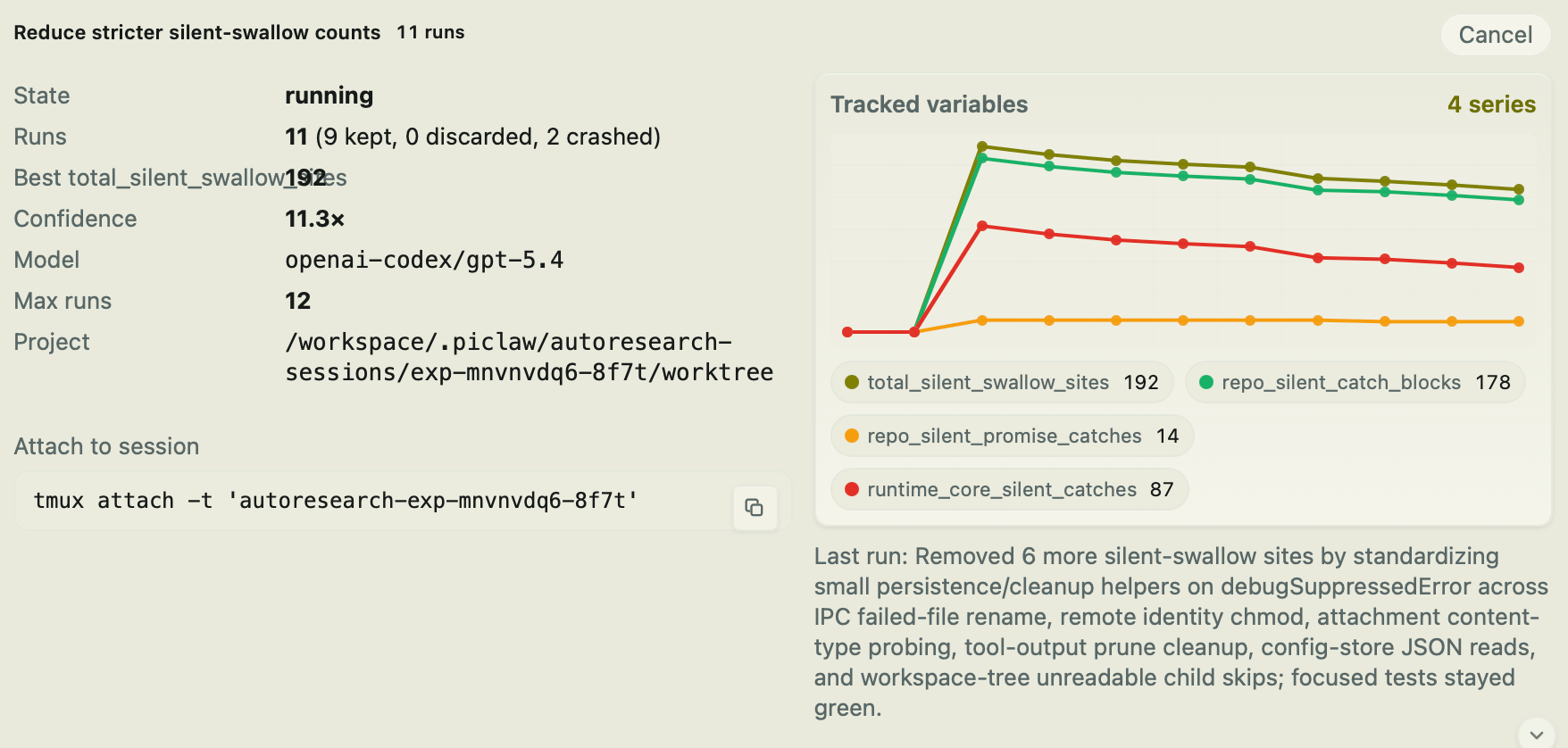 An autoresearch session doing a code audit pass
