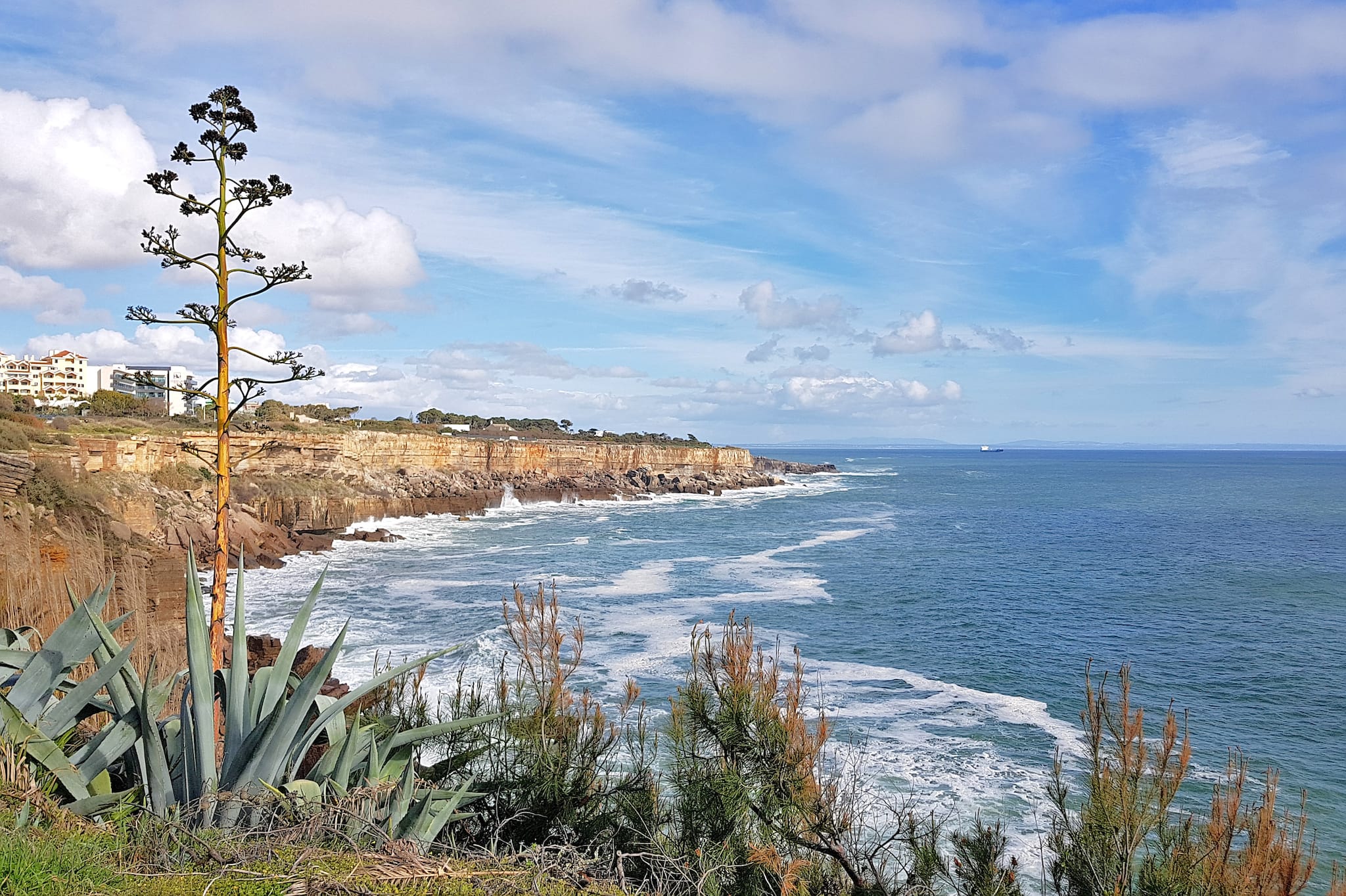 looking out from a cliff towards the sea and another set of cliffs