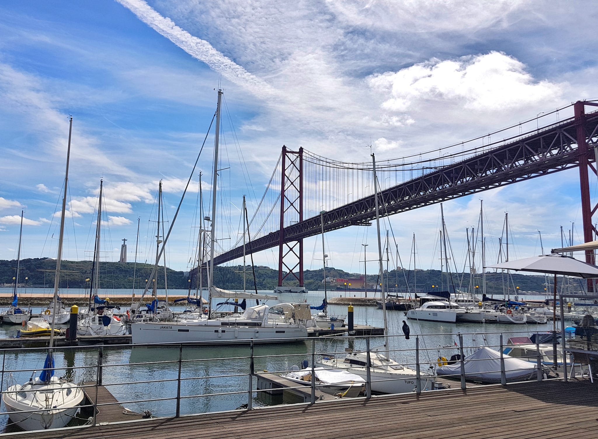 a dockside sidewalk, looking out to the other side of the river under a large bridge