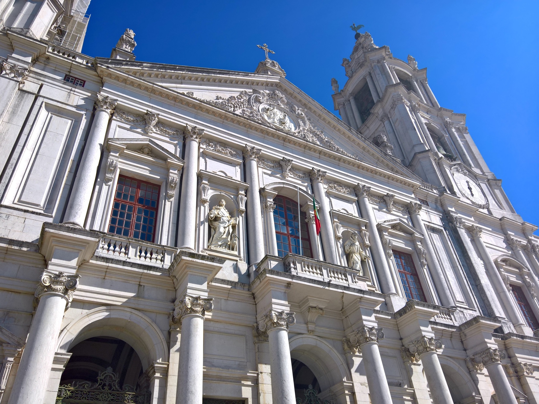 the facade, looking up towards a tower