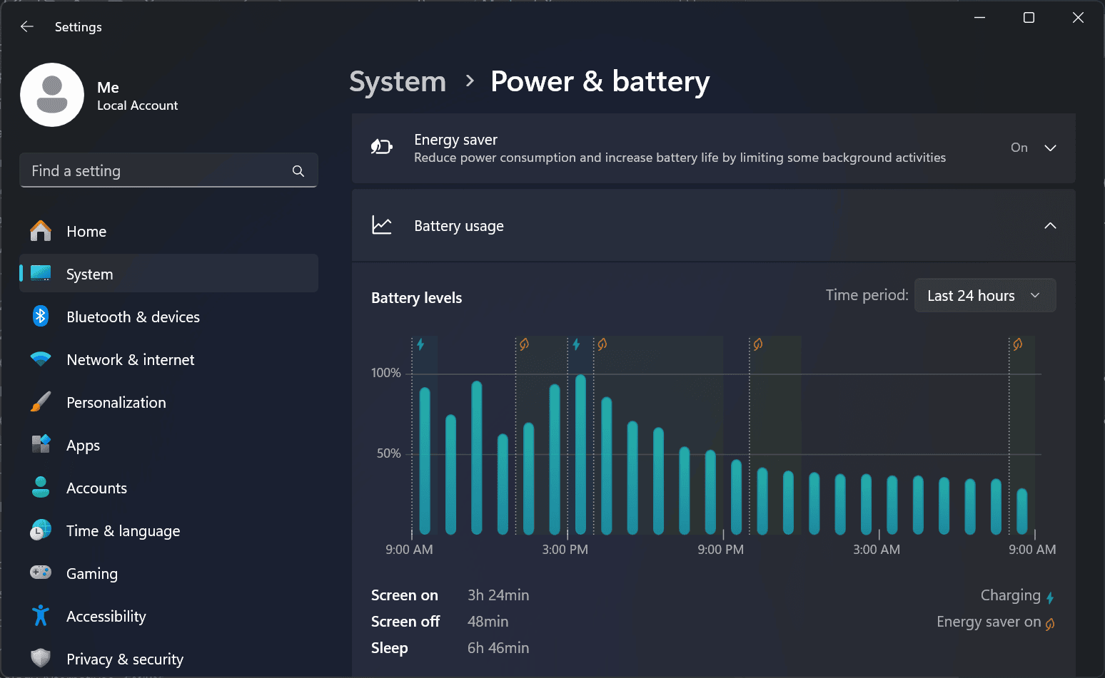 Power chart in Windows Settings