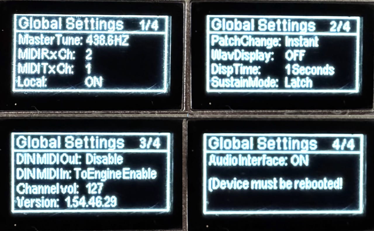 Global menu interface showing MIDI and audio settings